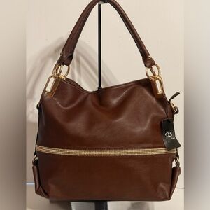 DS NWT Hobo Shoulder Bag Large Rhinestones Bling Gold Hardware Color Coffee